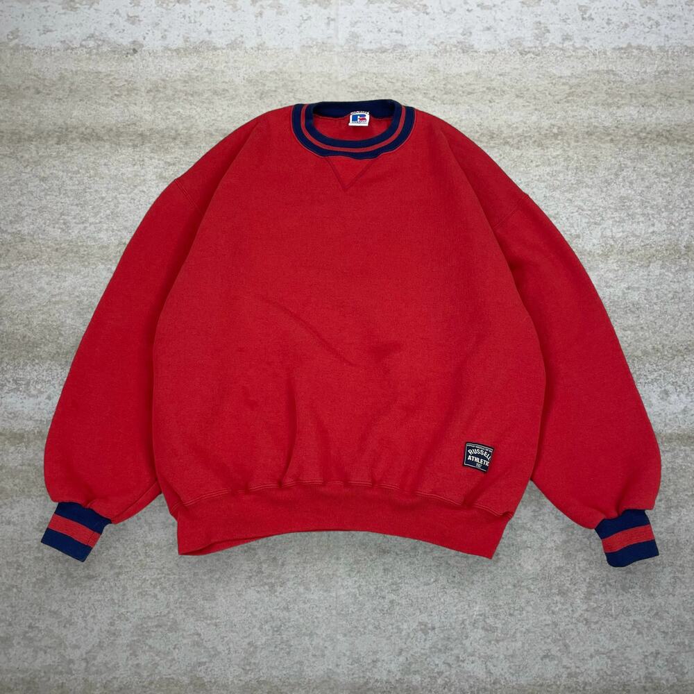 Vintage 90s Russell Sweatshirt Mens XL Crimson Red Cotton Crewneck Navy Blue
